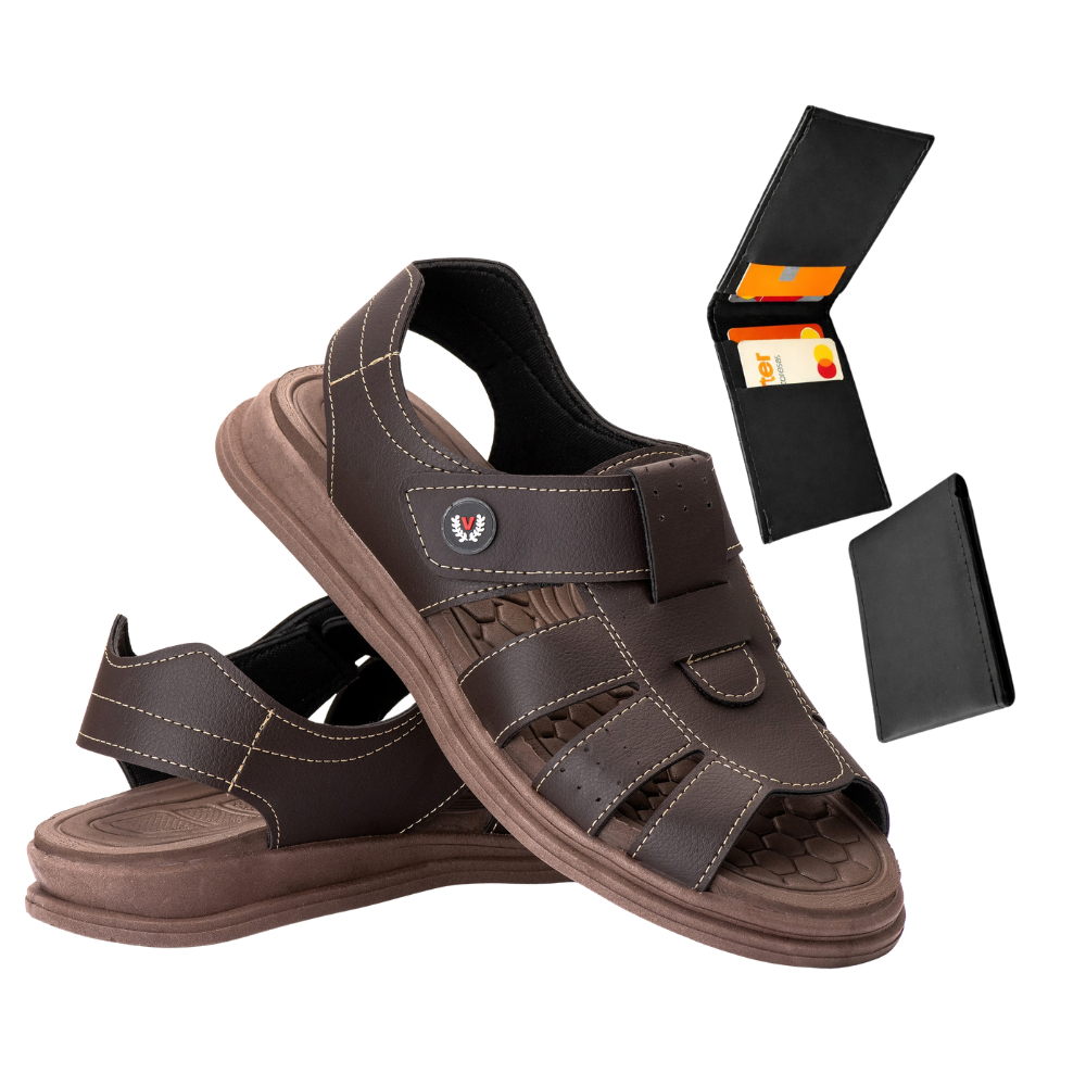 Sandália Masculina Casual Confortável com Fechamento Ajustável + Carteira Masculina Kit Promoção