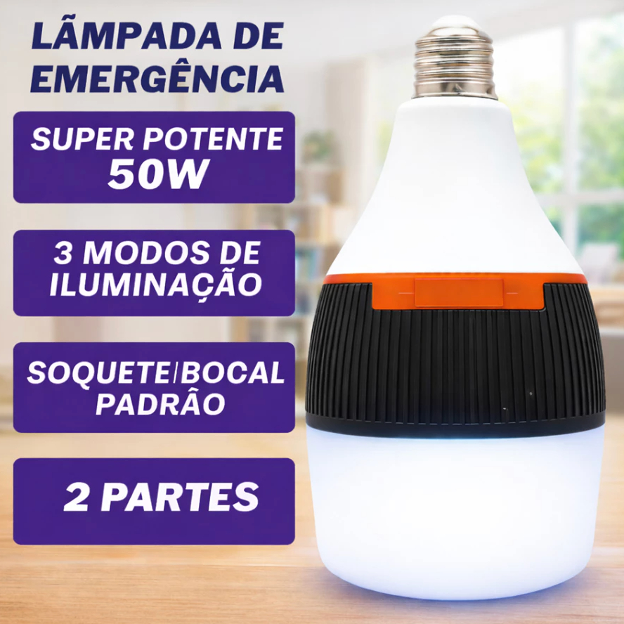 Lâmpada de Emergência LED 50W Bivolt – Dura 6h sem Energia, Portátil, Recarregável