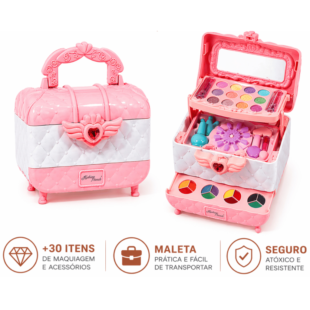 Maleta de Maquiagem Infantil Completa +30 Itens Atóxica Segura e Fácil de Levar para Crianças