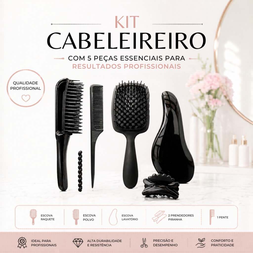 KIT ESCOVA CABELEIREIRO ESCOVA POLVO MÁGICA RAQUETE PENTE E PRESILHA