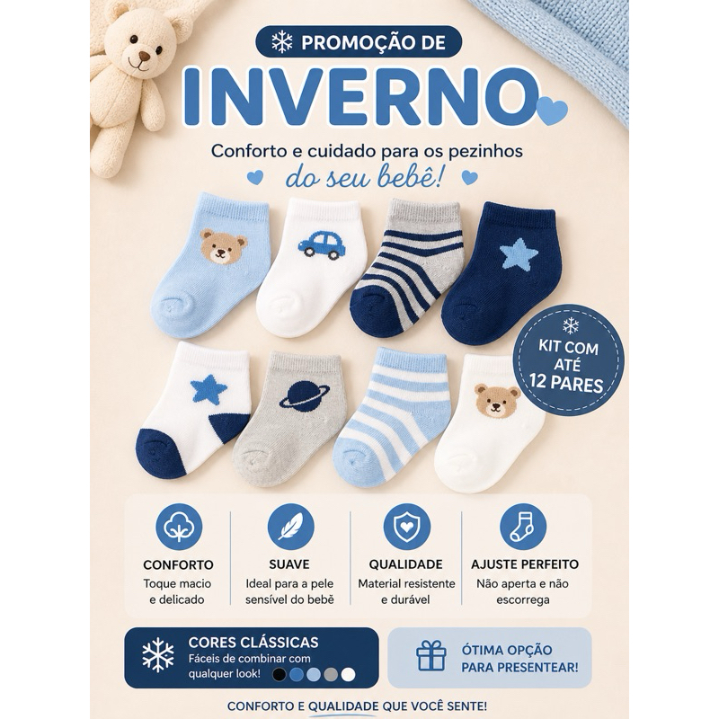Kit 3 a 12 Pares De Meias Recém-Nascidos MENINO ALGODÃO 0-14 Anos