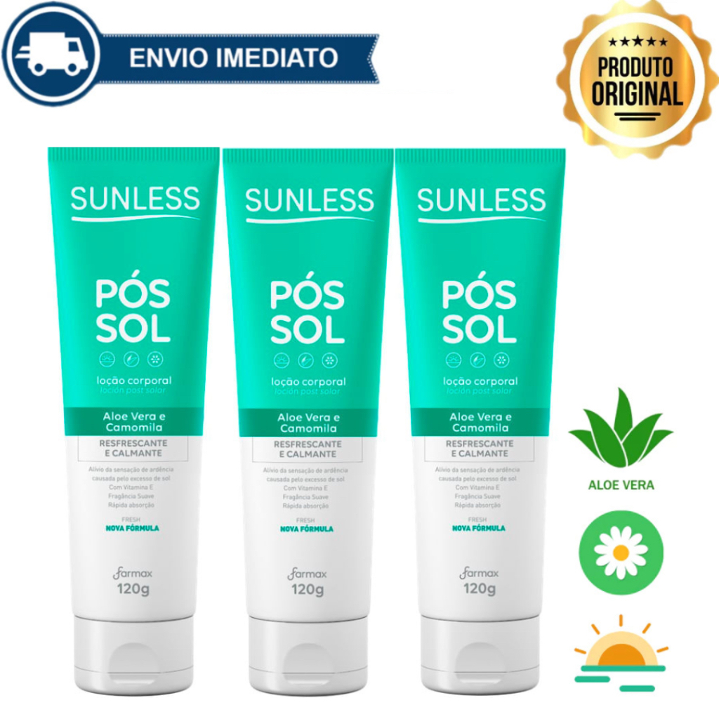 Loção Pós Sol com Aloe Vera e Camomila 120g Sunless Alívio e Hidratação Envio Imediato