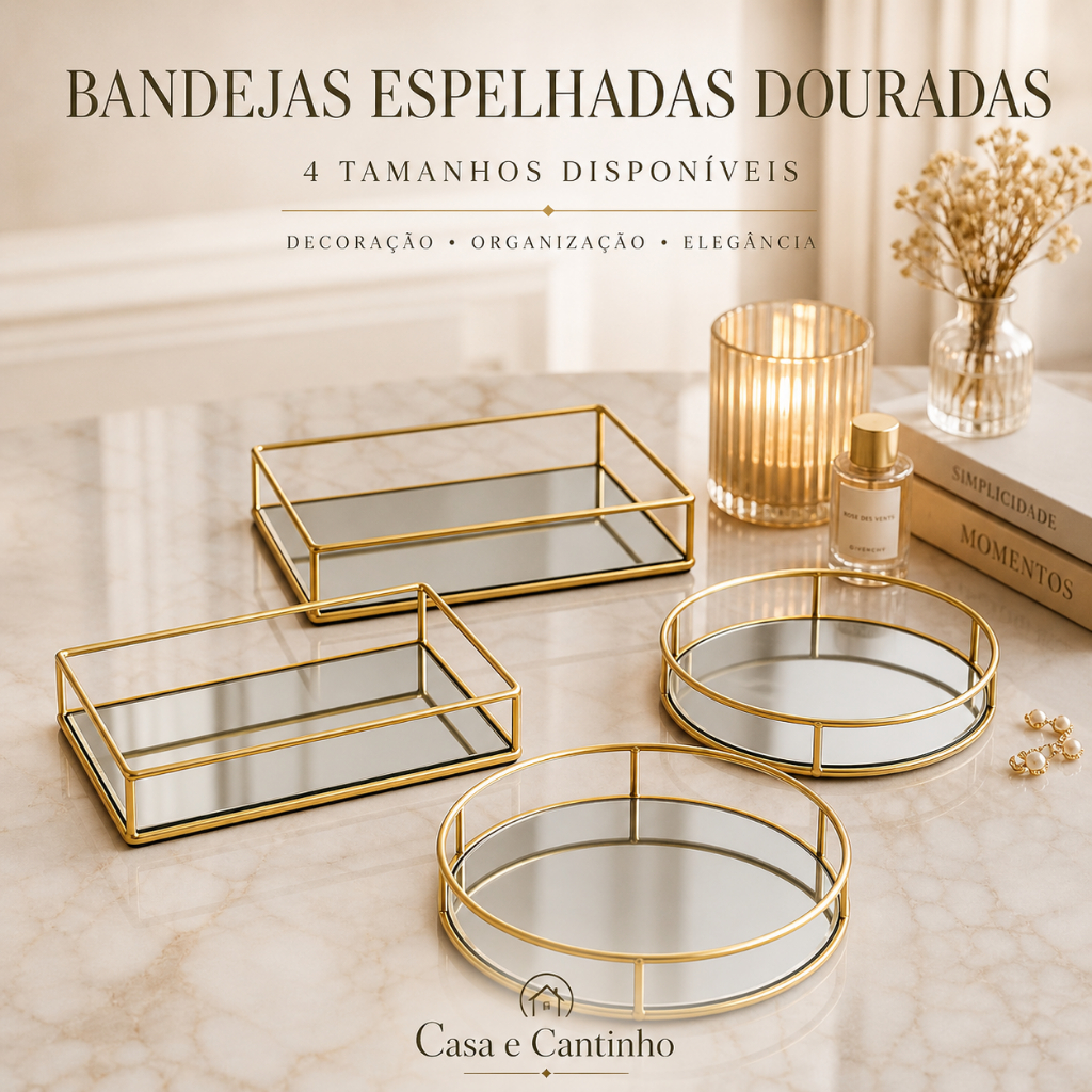 Bandeja Decorativa Espelhada Multiuso Retangular ou Redonda Porta Maquiagem ou Perfume Dourada