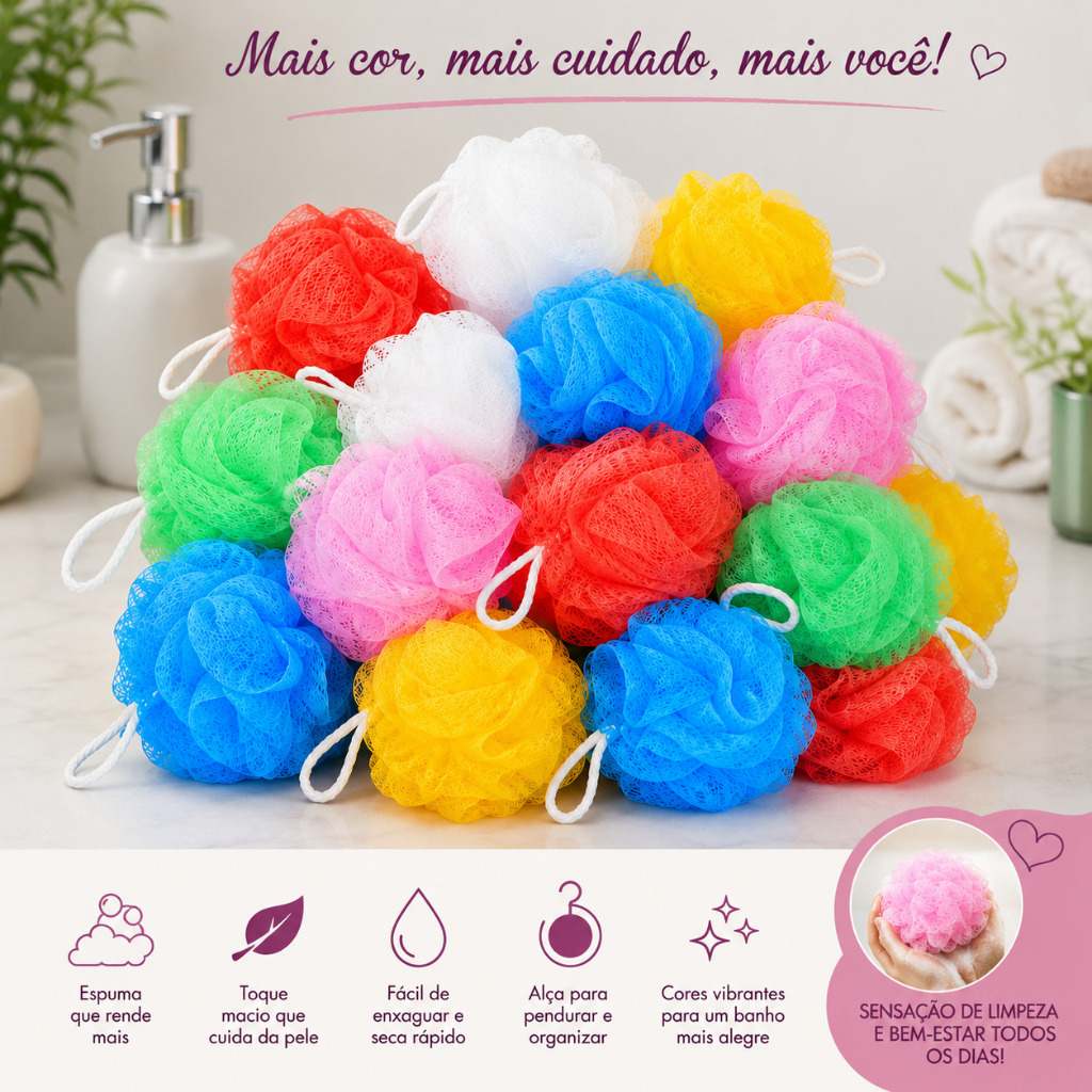 Bucha de Banho Macia Colorida para Corpo - Azul, Branca, Rosa, Verde, Vermelha e Amarela