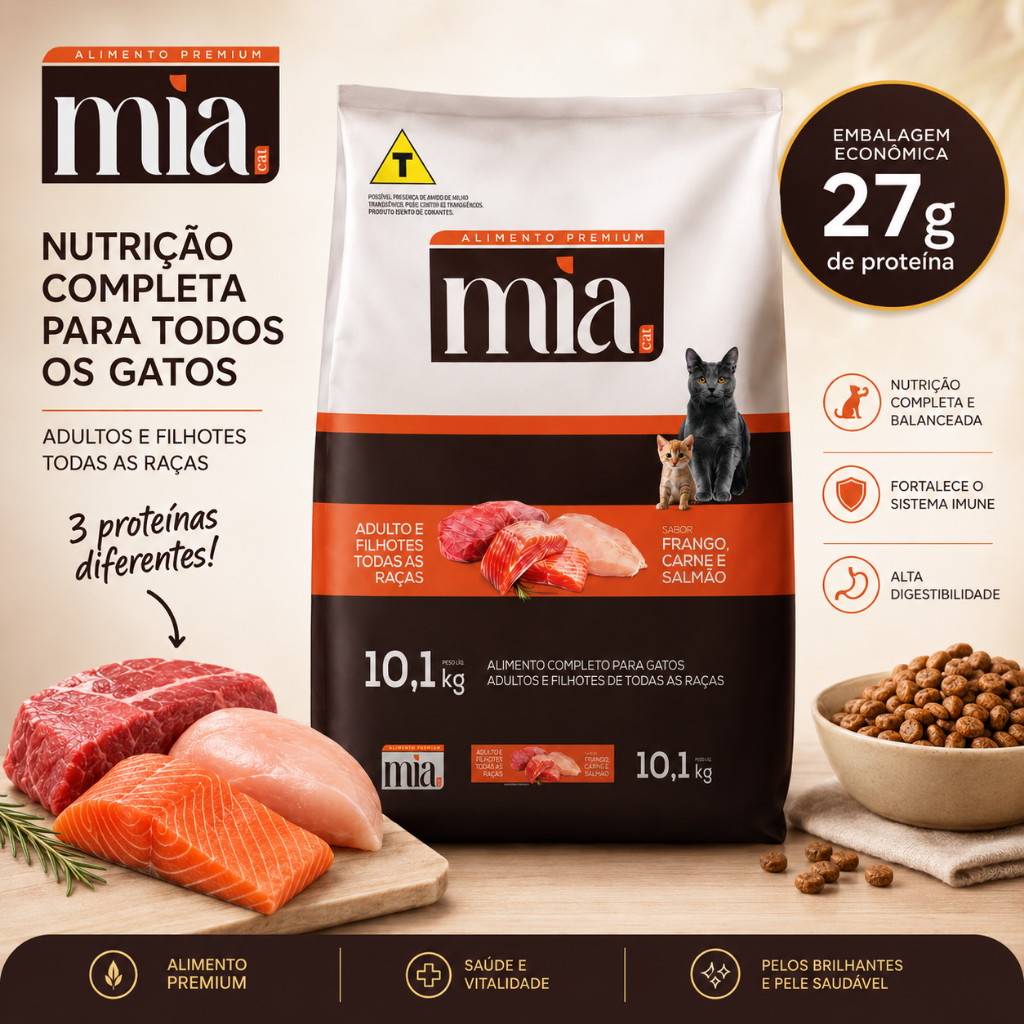 Ração Para Gato Filhote E Adulto 10,1kg MIA Cat Sabor Carne Frango e Salmao 27g Proteína Sem Corante