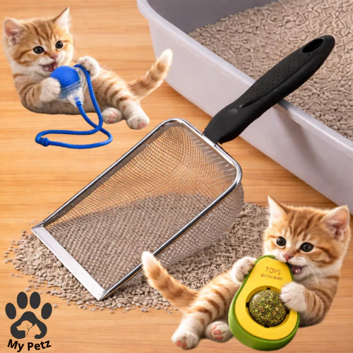 Pá de Areia Coletora Higiênica + Brinquedo Pets Gato, Cachorro em Aço Inox, Caixa de Areia