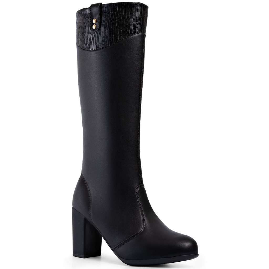 Bota Feminina Lumiss Cano Longo Salto Bloco Alto Confortável Zíper Macia Blogueira