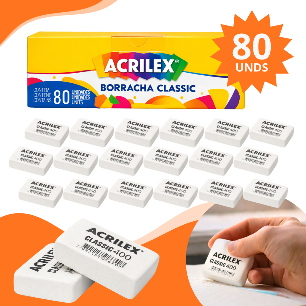Kit 40/80 Borrachas Branca Material Escolar Escritório Caixa Não Tóxica Livre de Plástico
