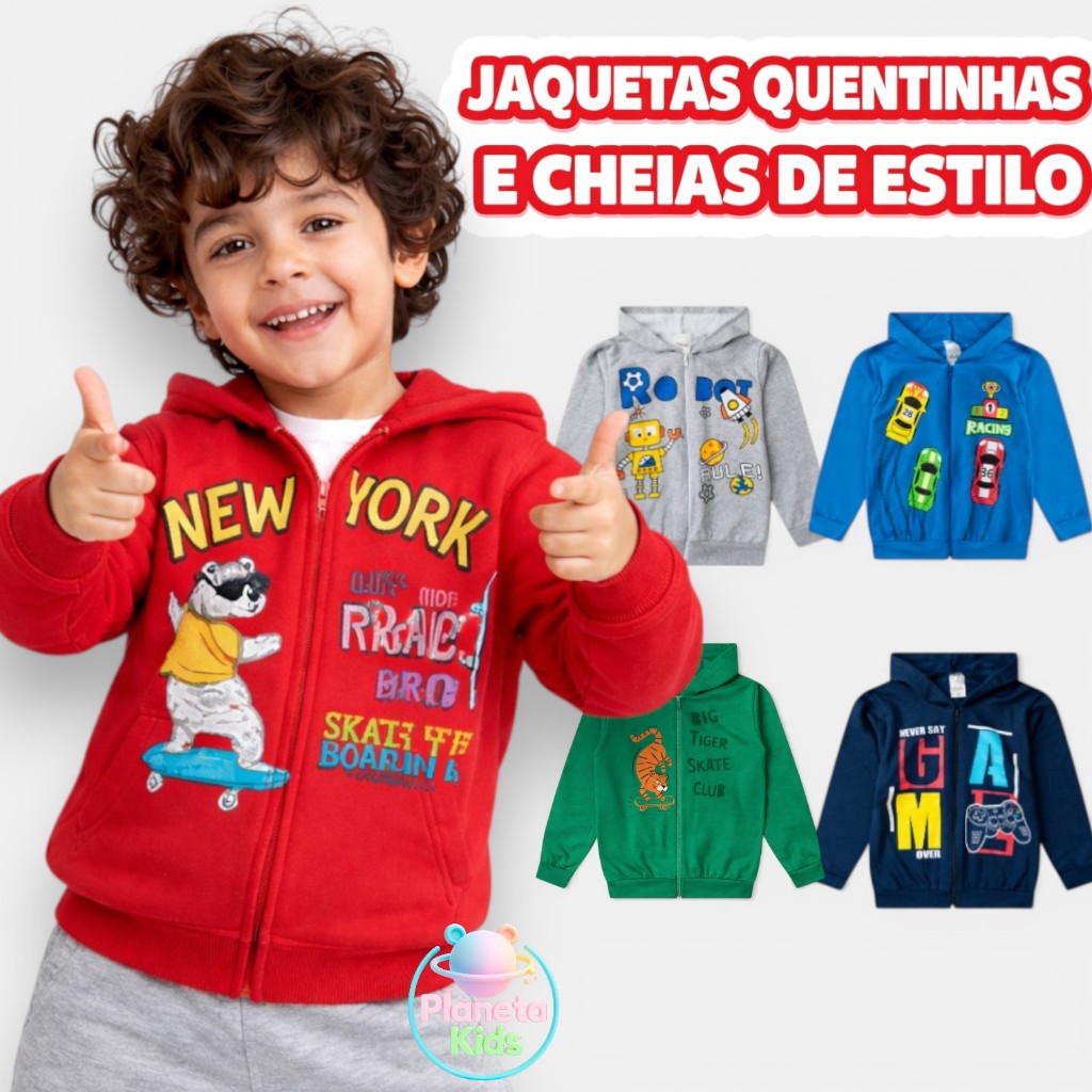 Jaqueta Infantil Juvenil Masculino Inverno Premium com Ziper e Capuz