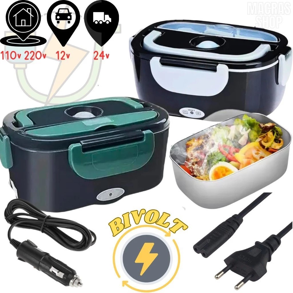 Marmita Elétrica Veicular Tomada Bivolt 110V/220V E 12V/24V com Colher - Marmita Térmica Para Comida