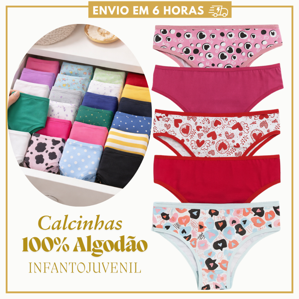 Kit 10 Calcinhas Juvenil de Algodão com Forro Calcinha ou 5 Infantojuvenil
