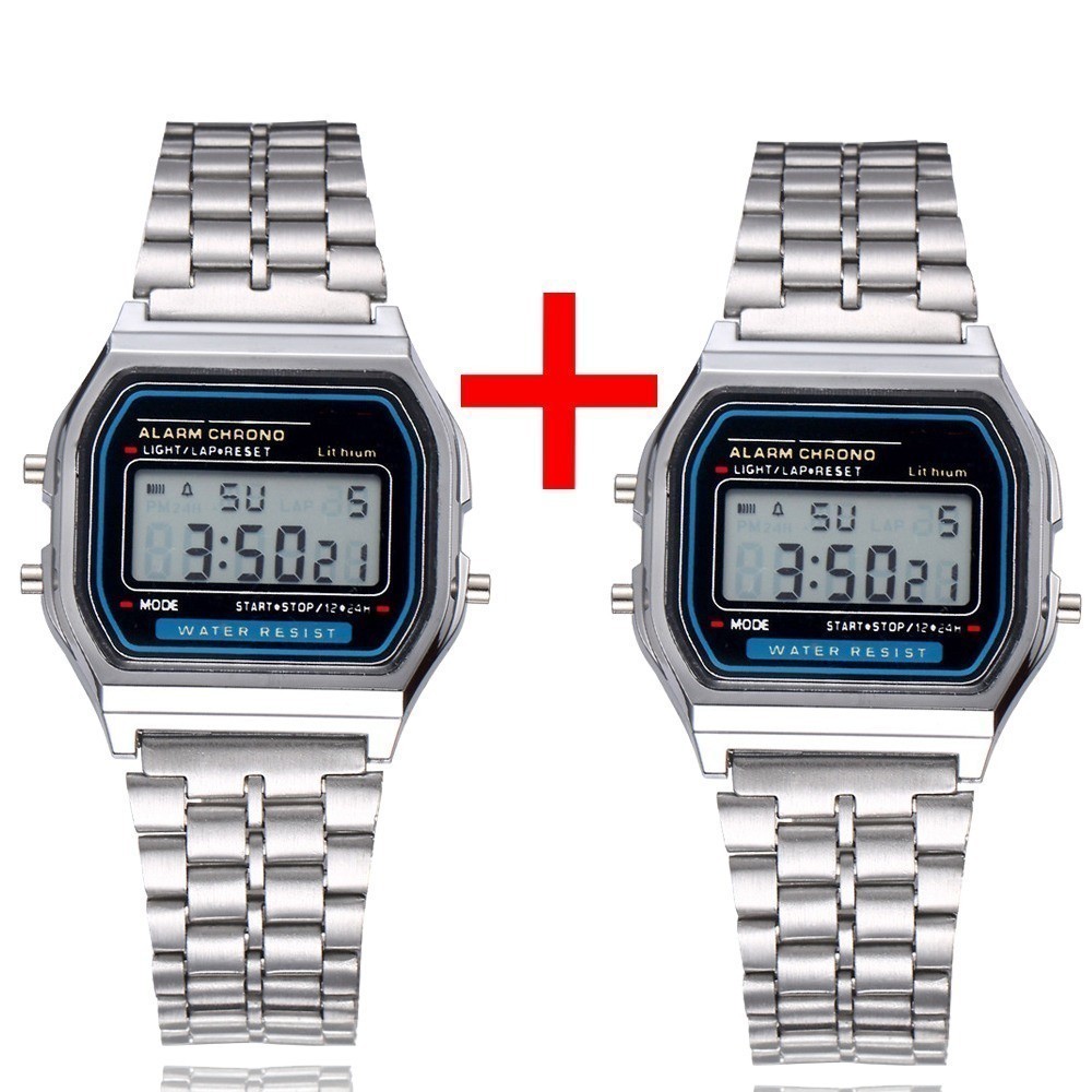 Kit 2 Relógio Retrô Digital Unissex Premium – Pulseira Aço Inoxidável