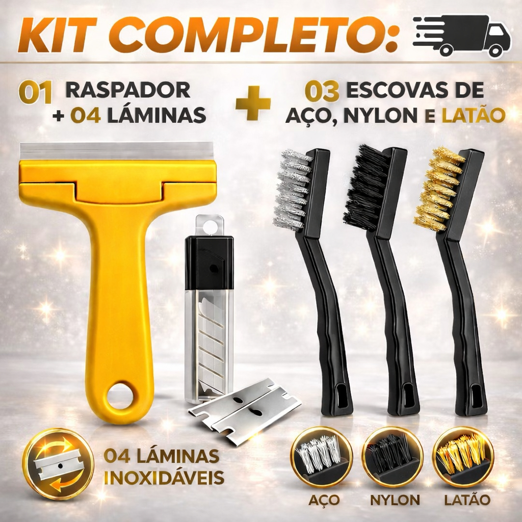 Kit Raspador Multiuso e ou 3 Escovas de Aço, Nylon e Latão + 4 Lâminas Profissional / Limpeza Pesada