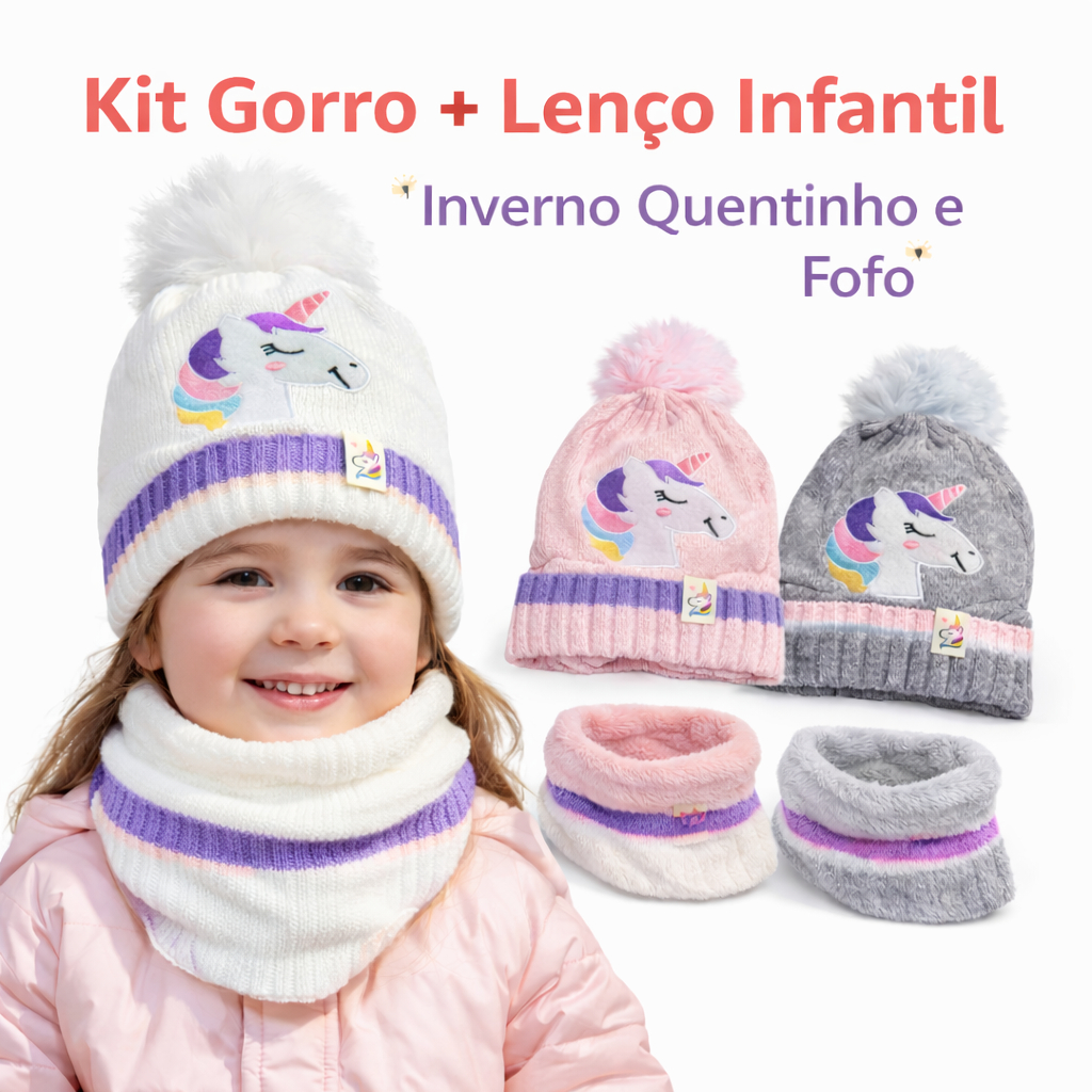 Kit Gorro Infantil + Lenço de Pescoço Unicórnio Inverno Menina Feminino Peluciado Quentinho