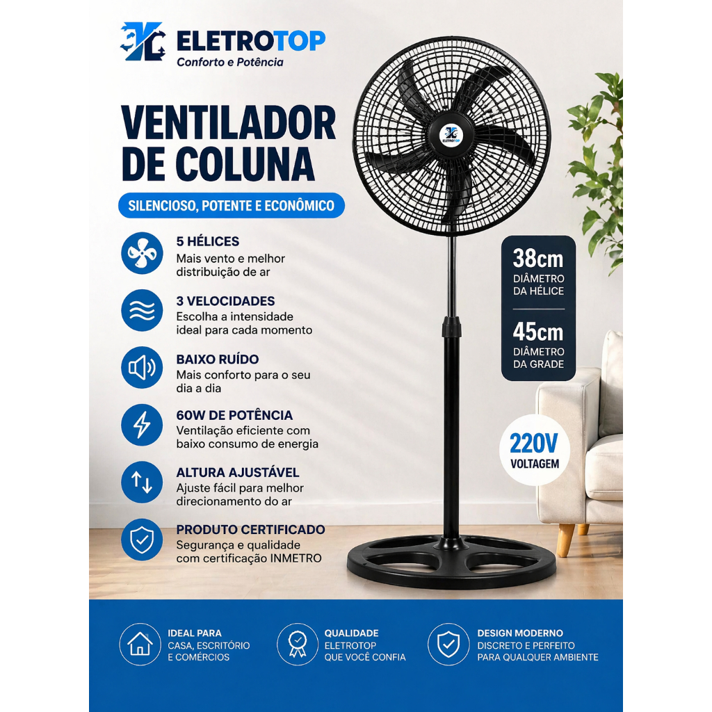 Ventilador Altura Ajustável 60w 220v Econômico 3 Velocidades Sem Ruídos Hélice 38cm Diâmetro