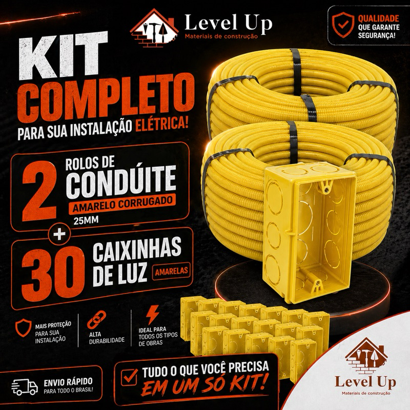 Conduíte Eletroduto Corrugado Kit 2 Unidades + 30 Caixinhas Amarela 4x2