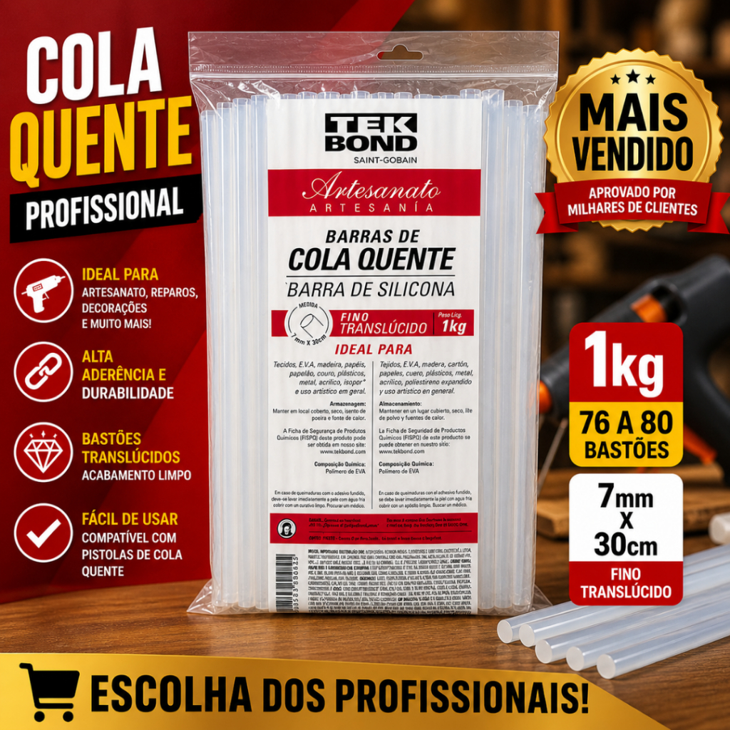 Tekbond Cola Quente Bastão Fina 1kg Translúcida – 78 a 80 Bastões 7mmx30cm