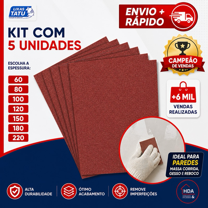 Lixa Para Massa Kit 5 Unidades Parede Reboco Massa Corrida Gesso 60 A 220 - Lixas Tatu