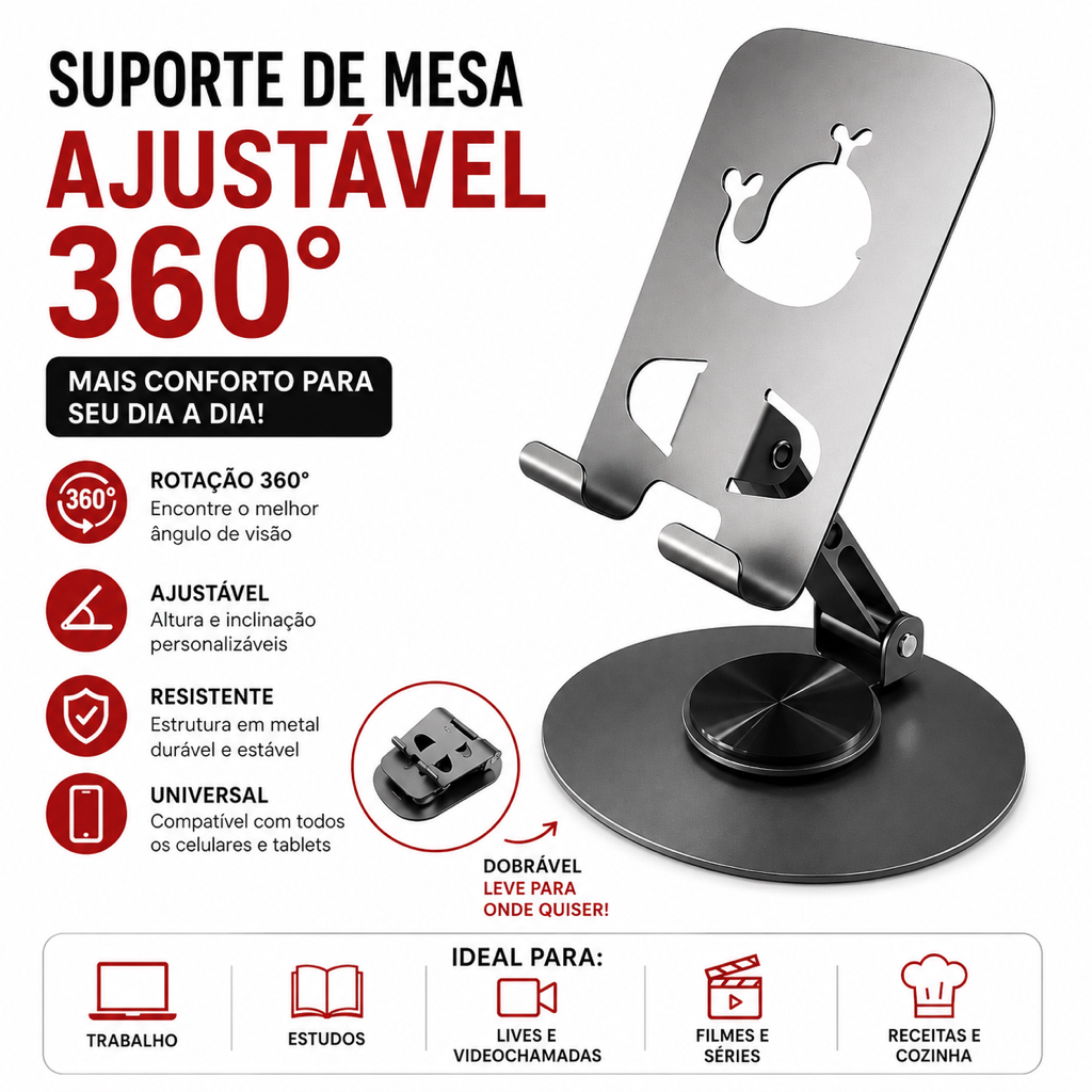 Suporte de Mesa Para Celular Tablet Metal Dobrável 360º Universal Ajustável Ideal  Live Vídeo Chamada Estudo Trabalho