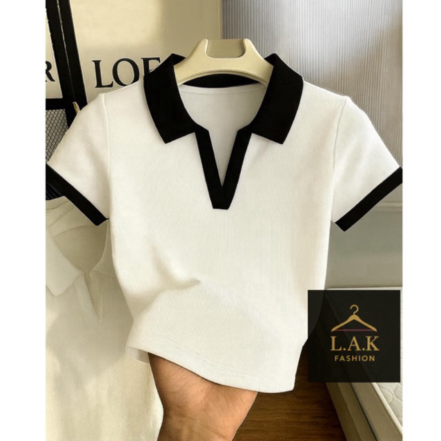Camiseta Feminina Canelada Gola Polo Detalhe Bicolor Básica Manga Curta Ribana  Algodão Malhado
