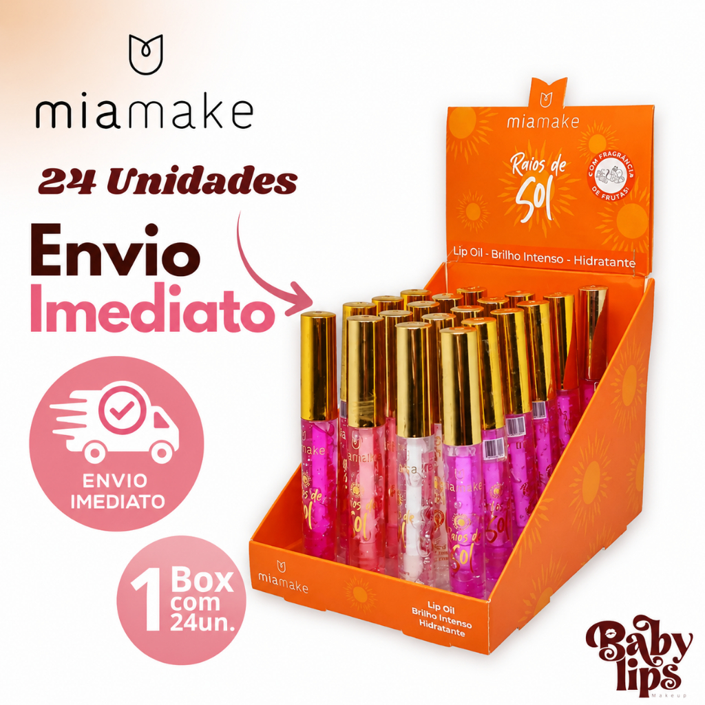 Box c/ 24 Lip Oil Gloss Hidratante Raios de Sol Mia Make Atacado