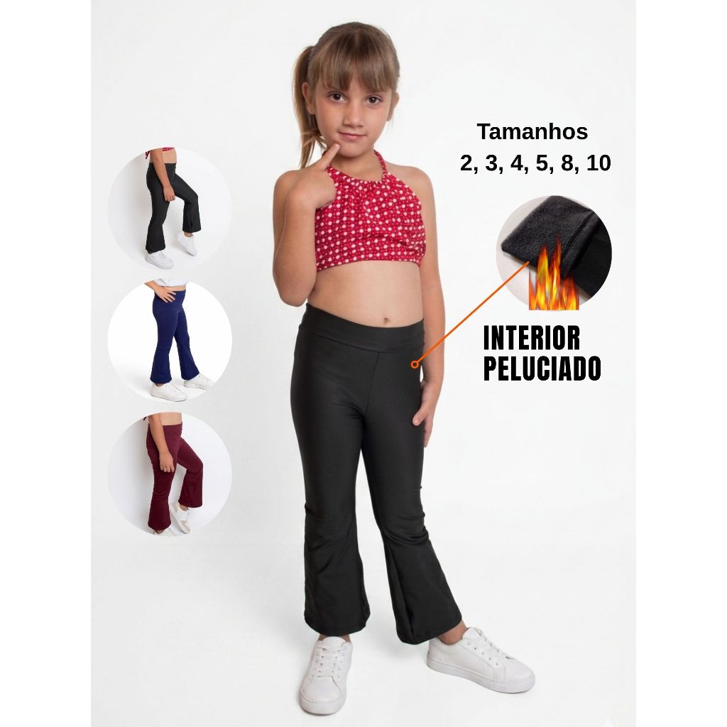 Calça Flare Infantil Peluciada Legging Flanelada Boca de Sino Bailarina Menina de 2 3 4 5 8 10 anos