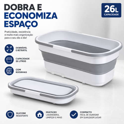 Balde Dobrável Retrátil 26L com Rodinhas em Silicone para Limpeza, Lavanderia e Uso Doméstico Compacto