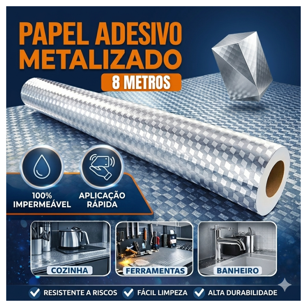 Papel Aluminio Adesivo 2m 4m 6M Metalizado Resistente Cozinha Parede Banheiro Bancada Impermeável