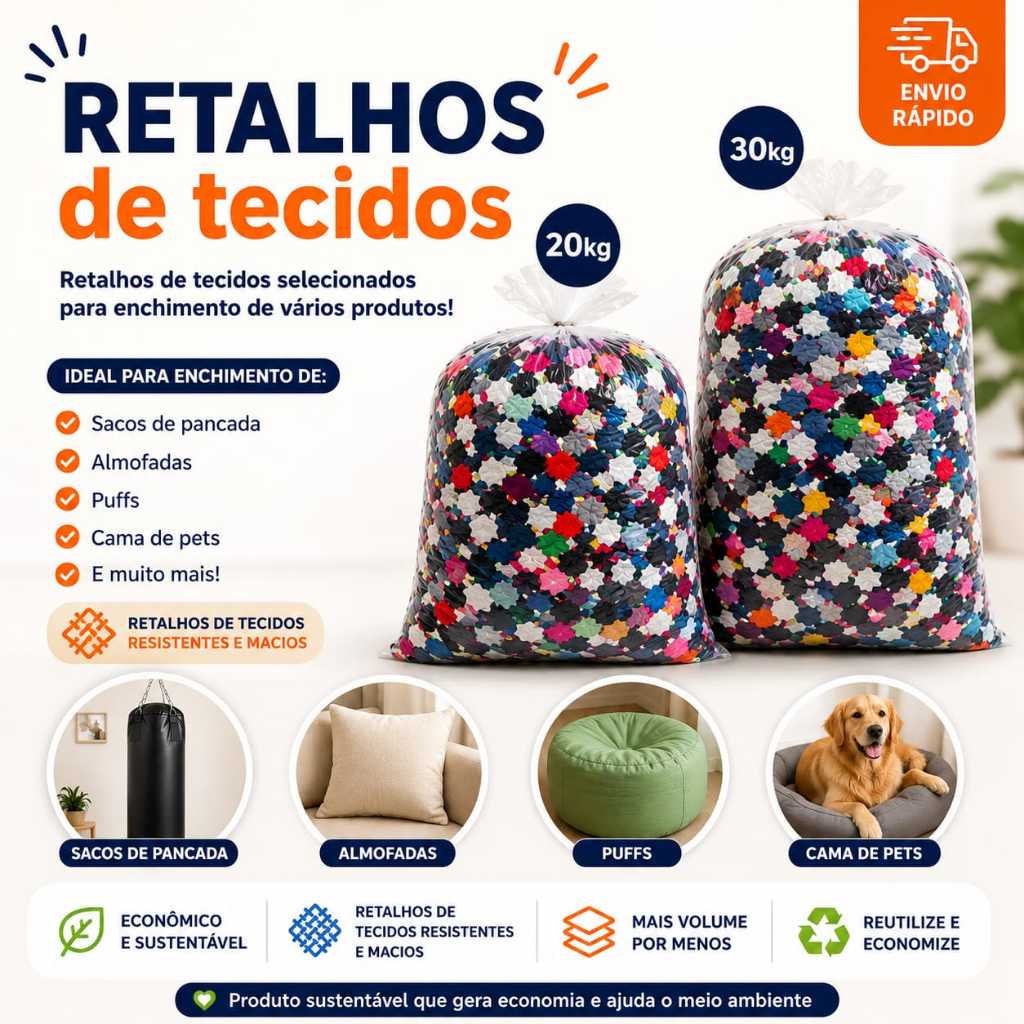 Retalhos de Tecido para Encher Saco de Pancada, Puff, Almofada e Cama Pet. 10kg 20kg 30kg.