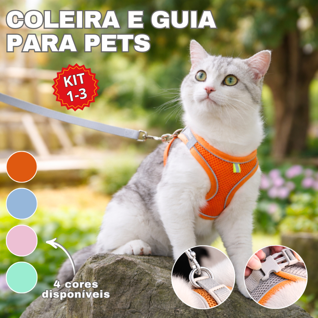 Coleira e Guia para Cães e Gatos Diversos Tamanhos Para Pequeno e Médio Porte