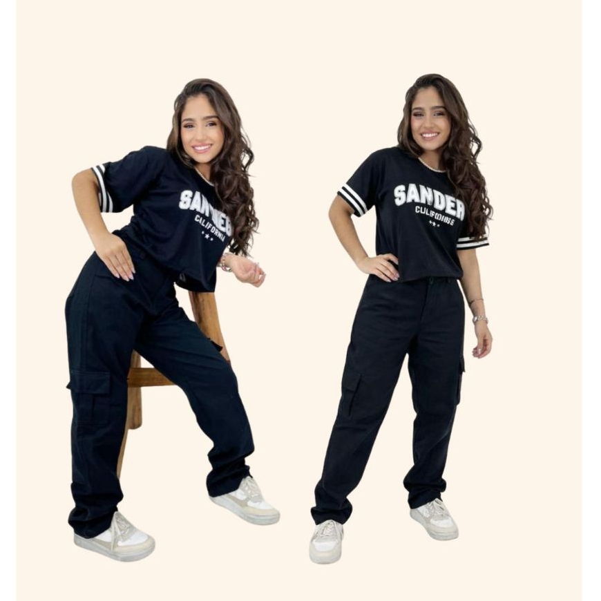 Calça Cargo feminina Juvenil Wide leg bolsos laterais moderna confortável estilosa