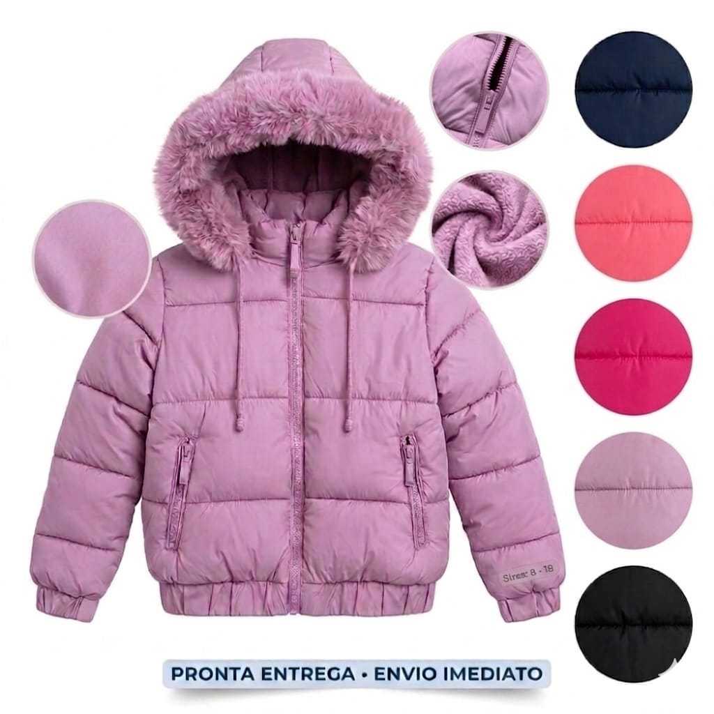 Jaqueta Puffer Infantil Menina Com Capuz De Pelo E Forro Soft Térmica