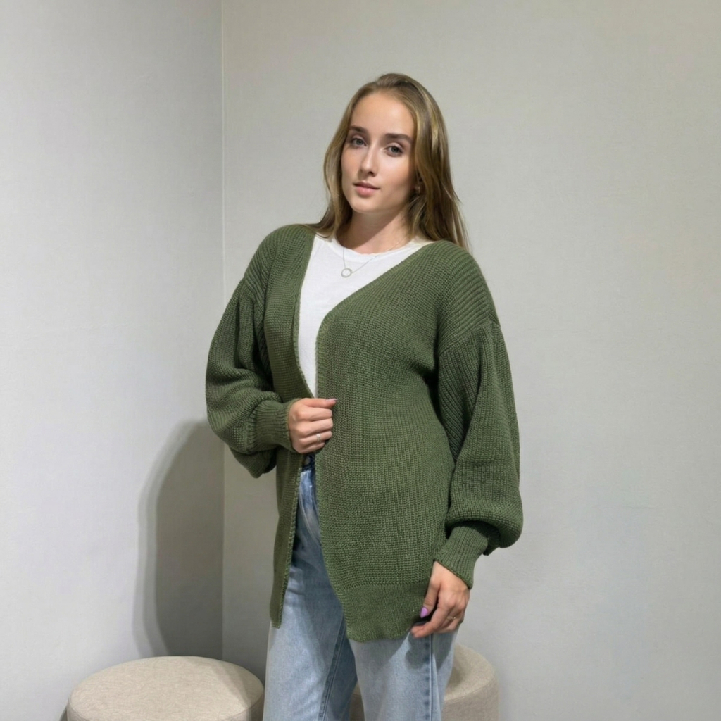 Casaco Básico Tricot Feminino Cardigan Aberto Kimono Manga Bufante Inverno Lã Confortável Estiloso