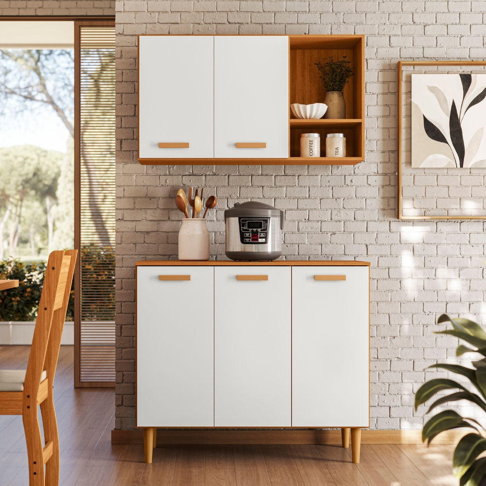Armário para Cozinha Completo 5 Portas com Balcão e Aéreo Compacto Funcional Moderno com Nicho e Pés