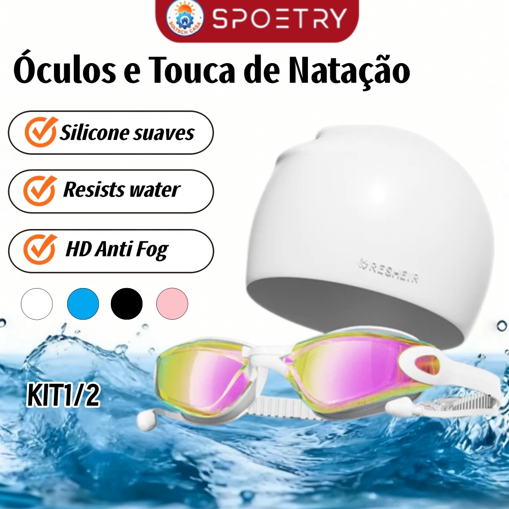 Kit Óculos e Touca de Natação Adulto Antiembaçante Waterproof Ajustável Unissex Proteção UV para Piscina e Praia