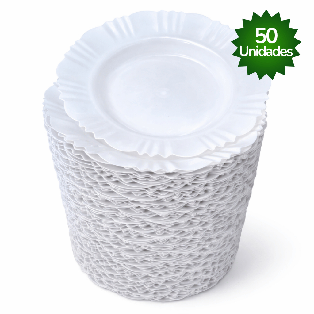 Kit 5-50 Pratos Branco Fundo Com Borda Plástico