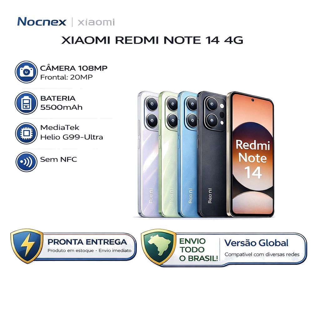 Celular Xiaomi Redmi Note 14 4G 256gb ou 128gb Versão Global Original (COM CAPINHA E PELÍCULA)