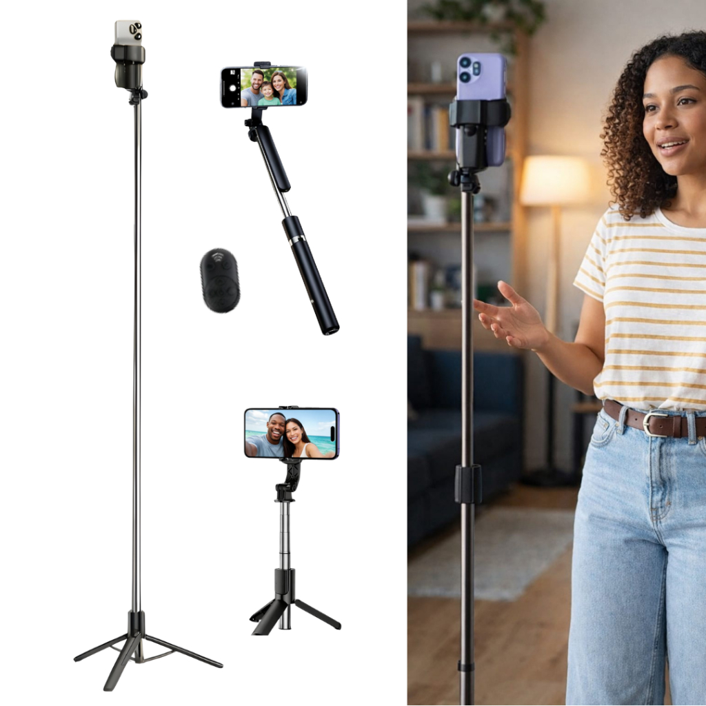 Tripé Bastão Para Celular Com Controle Portátil 1,70M Selfie Foto Vídeo Gravação Retrátil Ajustável Preto Extensível