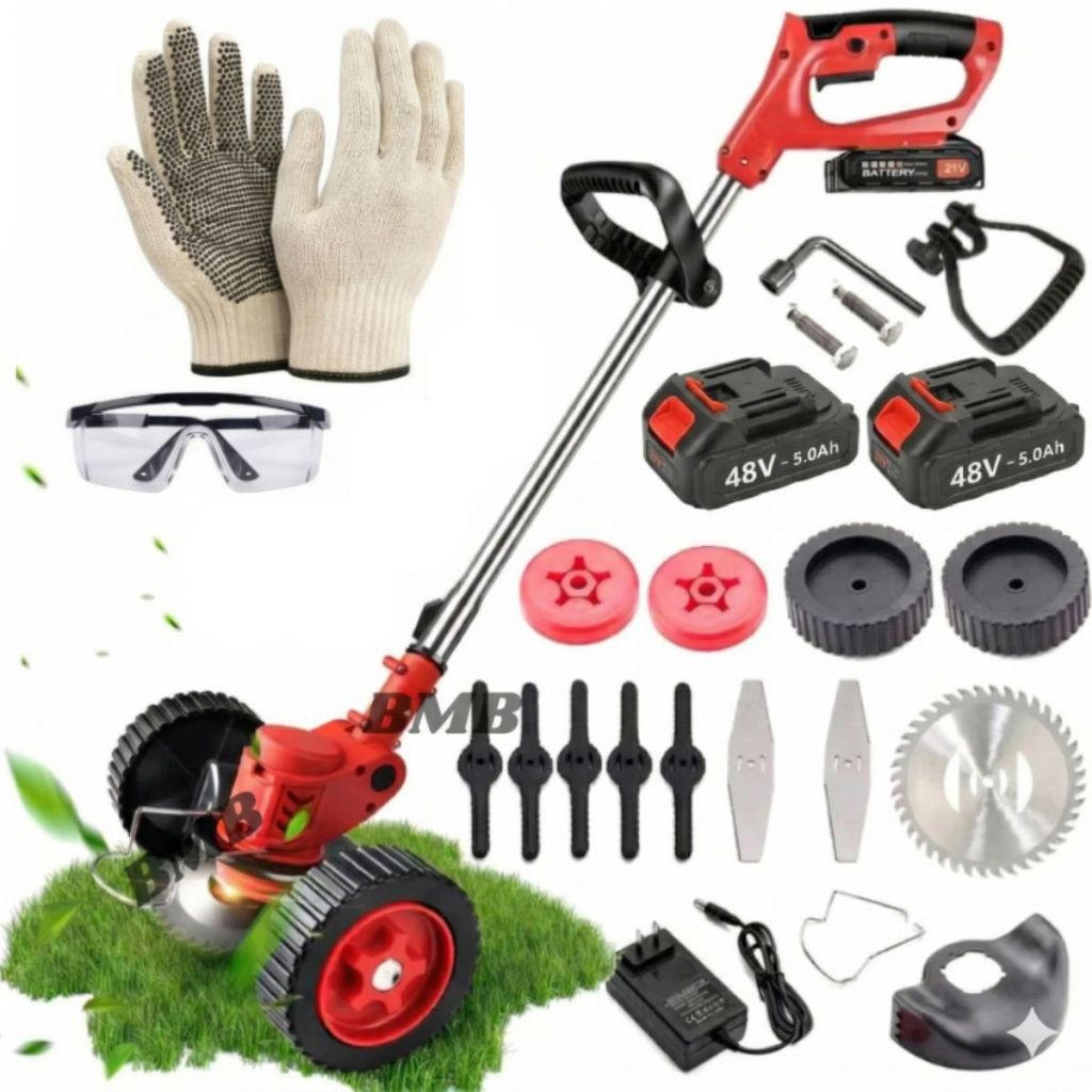 Roçadeira Aparador Cortador De Grama Elétrico Recarregável Com Rodas 2 Baterias de Lítio KIT COMPLETO