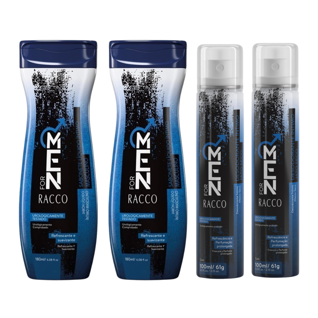 Kit 2 Sabonete + 2 Desodorante Intimo Masculino For Men Racco Sabão Líquido Corporal Homem