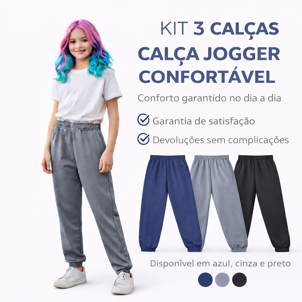 Kit 3 Calça Jogger Infantil Feminina Moda Inverno 4 ao 16