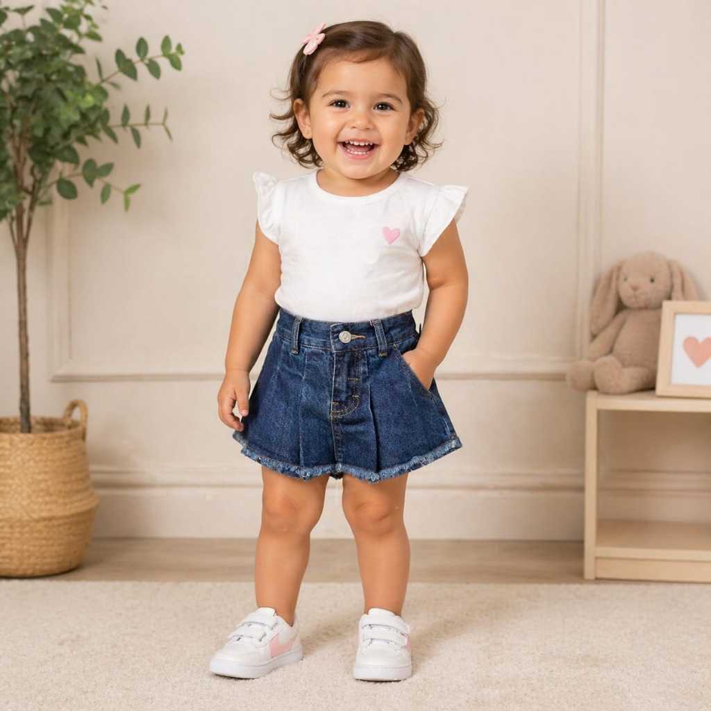 SHORT SAIA JEANS ESCURO INFANTIL DE BEBÊ MENINA DESPOJADO PARA O DIA A DIA TAMANHO 01 AO 03 ANOS