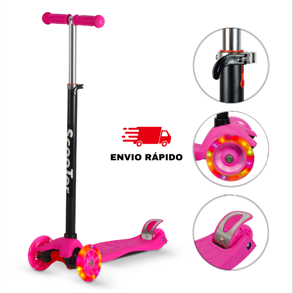 Patinete Infantil 4 Rodas Luz LED Ajustável Menino Menina Cores Variadas Até 70kg Panda Toys
