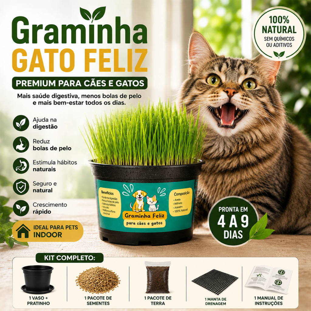 Graminha para Gatos e Cães Capim Petisco Anti Bola de Pelo Ajuda Digestão Natural Pet