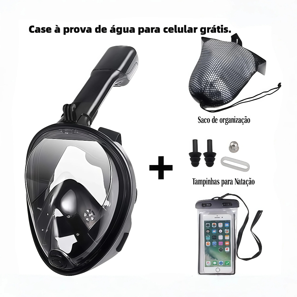 Kit Máscara à Prova d'Água Snorkeling/Mergulho +Óculos Silicone   Máscara De Mergulho Snorkel Full Face+Celular case