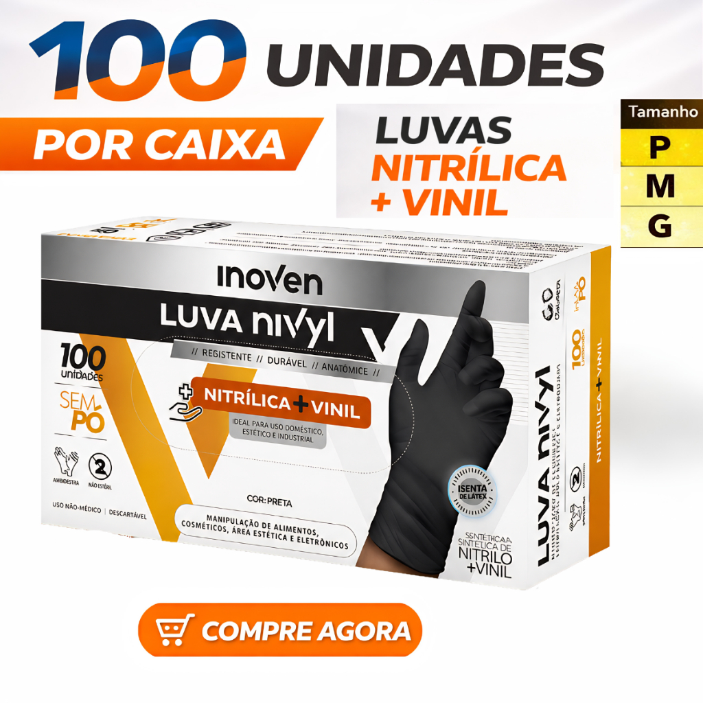 Luva Nitrílica Vinil Preta Descartável Sem Pó Resistente 100 Unidades Para Uso Profissional