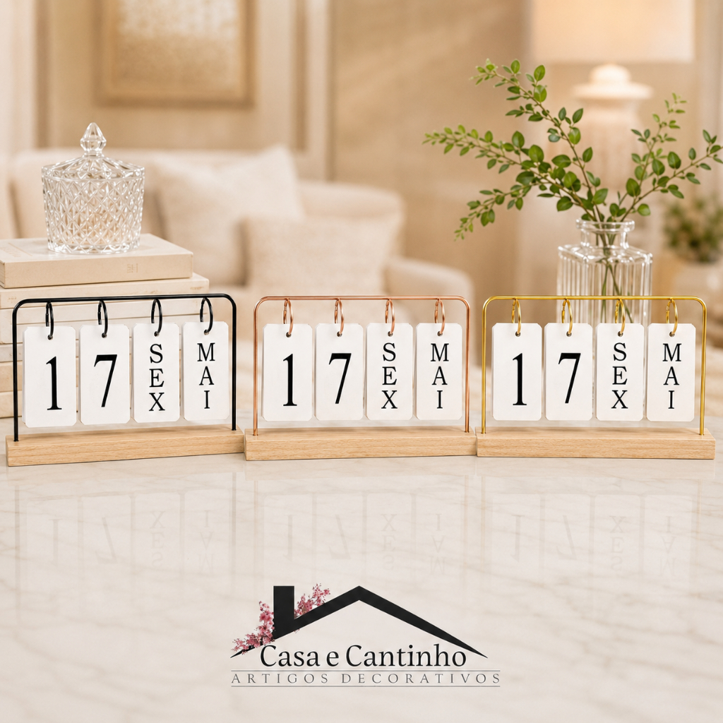 Calendário de Mesa Decorativo com Plaquinhas Dourado Permanente Escritório