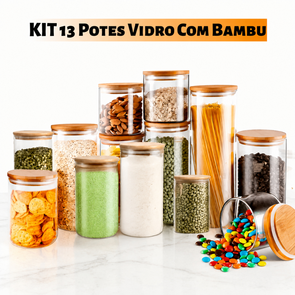 Kit 13 Potes Hermético para Mantimentos de Cozinha Dispensa Armário Plástico Vidro c/ Tampa de Bambu