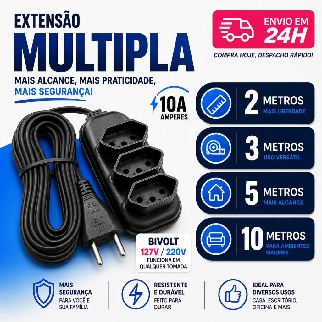Extensão Elétrica 2, 3, 5 ou 10 metros Bivolt Tripolar 10A Resistente Cor Preta