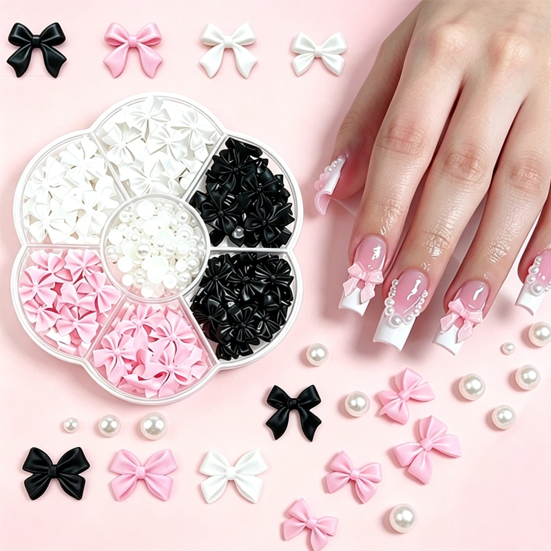 Kit de Decoração de Unhas em Laço Fofo Conjunto de Decoração de Unhas 3D Colorido--Plano para Arte de Unha DIY